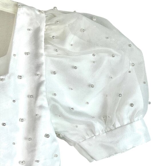 Girls White Flower Girl Communion Dress 6 St. Tropez Puff Sleeves Pearls Pin - Picture 5 of 11